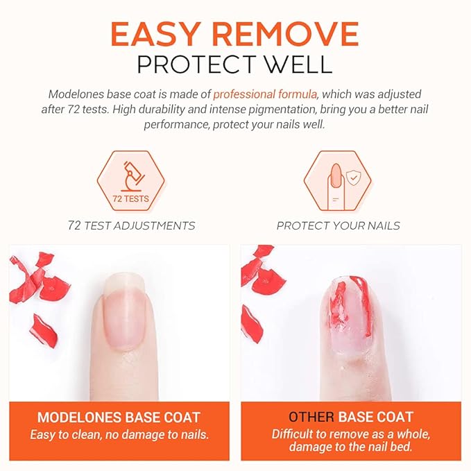 modelones Gel Nail Polish Base Coat, 2025 Upgraded Formula Clear High Glossy Gel Base coat Soak Off Long-Lasting DIY Home Salon Nail Art 15ml