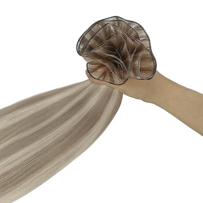 Fshine Hand Tied Genius Weft Real Human Hair Genius Weft Ash Blonde Highlight Platinum Blonde Sew in Real Human Hair Extensions for Women Natural 24 Inch 60g