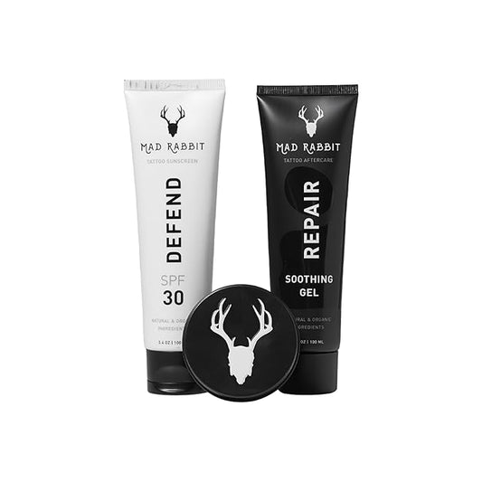 Tattoo Care Bundle Kit (3-Piece) Repair Soothing Gel, Enhance Balm & Defend SPF 30 Sunscreen - Full Coverage Tattoo Care Kit for New & Current Tattoos