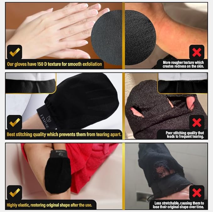L'Exfose Kessa Hammam Deep Exfoliating Glove for Shower - Korean Exfoliating Mitt Body Scrubber Ideal for Dead Skin Remover, Keratosis Pilaris & Self-Tanning (Black & Pink)