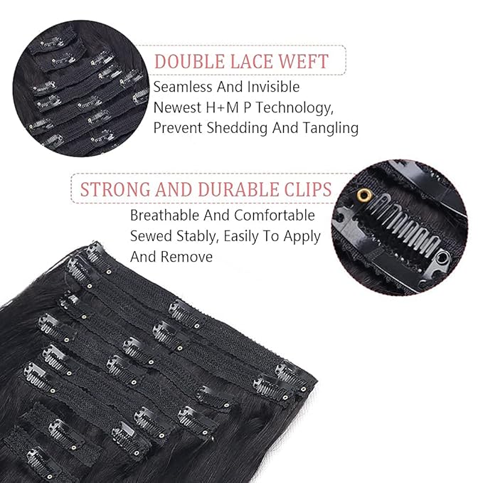 Straight Clip in Hair Extensions Real Human Hair 8Pcs Remy Human Hair Clip ins for Women, Natural Soft Silk Straight Human Hair 120g 24inch #1B Natural Black