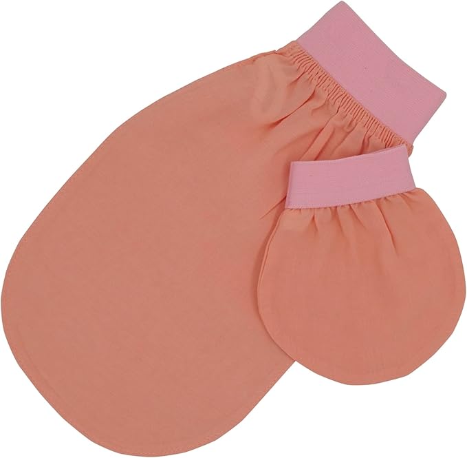 Feel Fine Turkish 100% Natural Plant Silk Exfoliating Gloves & Mitt Set – Hammam Kese for Body Scrub Mitt for Women & Men, Perfect for Shower, Bath, and Spa (Salmon&Light Pink)