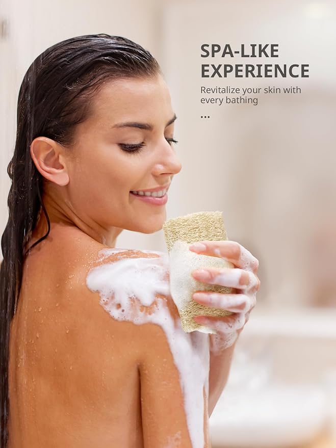Reemix Natural Loofah Exfoliating Body Scrubber 4-Piece Long Cylinder Set - Large Home & Shower Sponge for Face & Body, Eco-Friendly Bath Tool for Gentle Exfoliation, Spa-Like Experience at Home