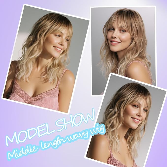 Wavy Long Ombre Blonde Wigs with Bangs for Women Medium Middle Length Blond Wig Synthetic with Water Wave Fringe Womens Heat Resistant Hair Wig for Daily Party Use (16inch)