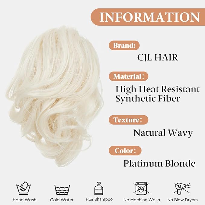 CJL HAIR Claw Clip Short Ponytail Hair Extensions DIY Bendable Metals Messy Bun Hair Piece for Wonen Wavy Curly Synthetic Fake Hairpieces Platinum Blonde