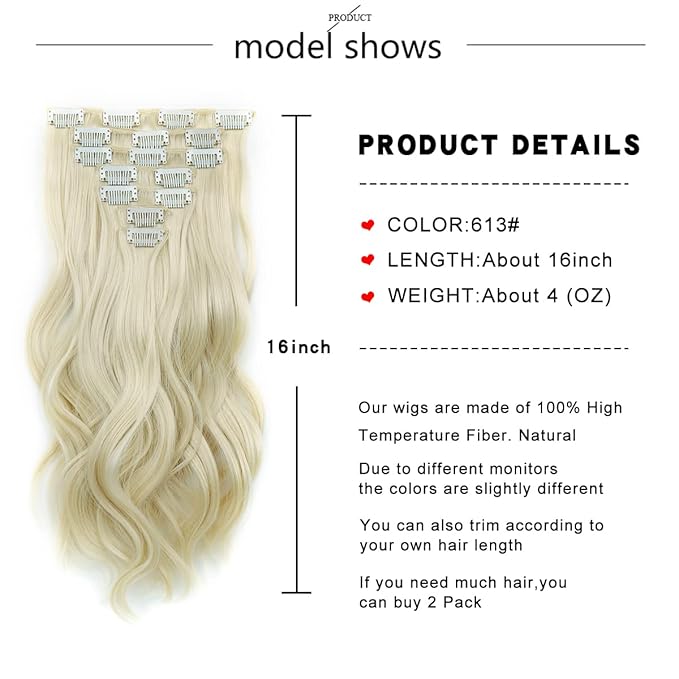 Clip In Hair Extensions Long Wavy 7 PCS Invisible Clip Thick Hairpieces Black Hair Piece Soft Full Head Synthetic Fiber for Women, 16 Inches (613#)