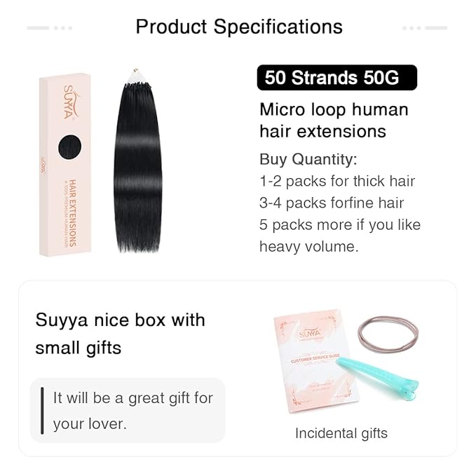 SUYYA Microlink Jet Black Micro Loop Hair Extensions - Real Human Hair Straight Micro Links - 50 Strands, 50g/Pack for Women (18 inch #1)