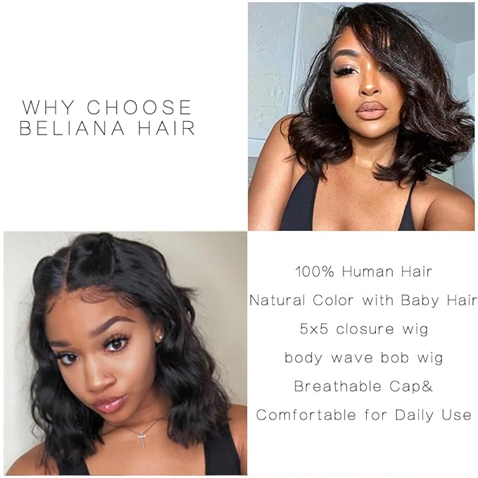 5x5 Bob Wig Human Hair Glueless Wigs Human Hair Pre Plucked HD Lace Closure Wigs Human Hair 180% Density Short Body Wave Bob Wigs for Black Women 10 inch