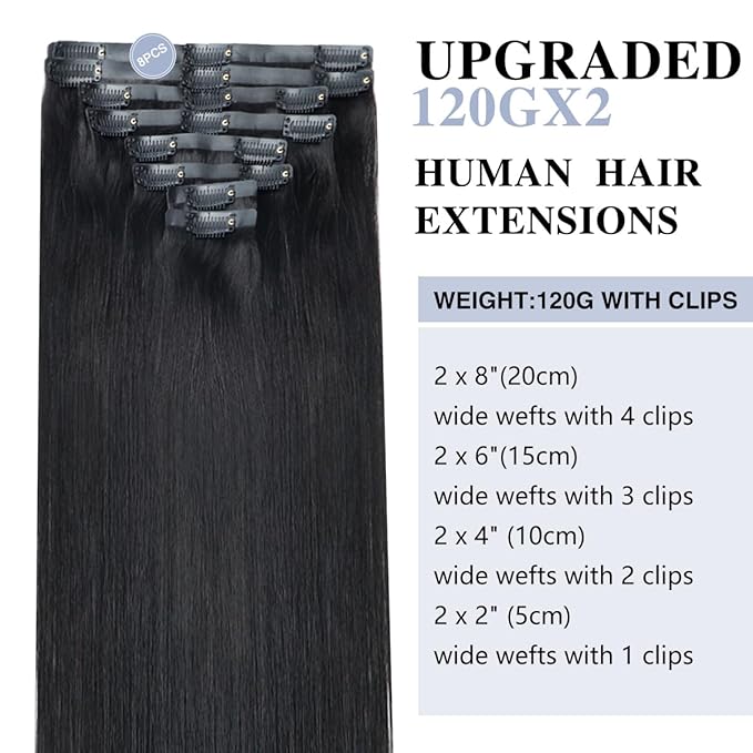 Straight Clip in Hair Extensions Real Human Hair 2 Pack 240g Seamless Clip in Hair Extensions for Women Full Max with 16Pcs PU Skin Weft 14inch Natural Black