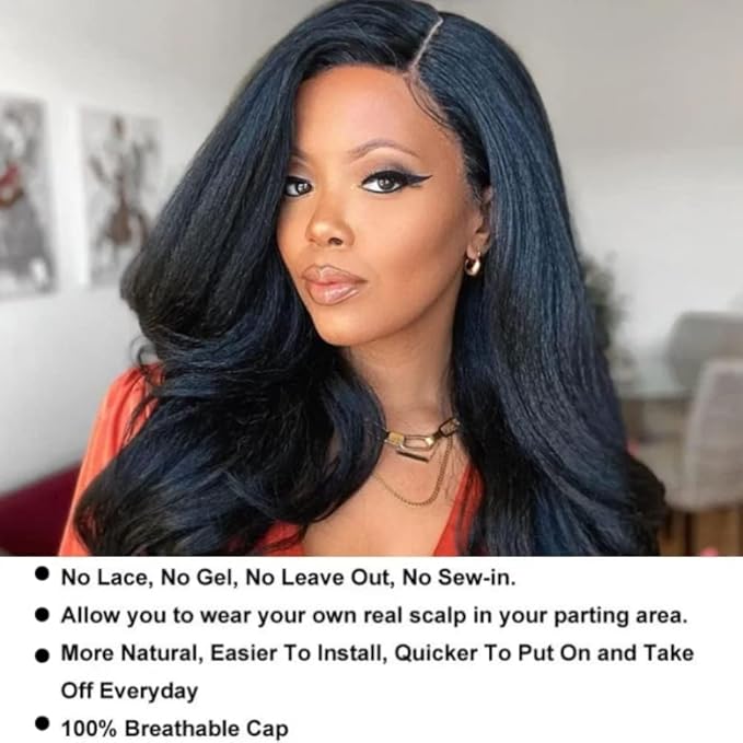 Julia Hair V Part Human Hair Wig Kinky Straight for Women Glueless Wigs Brazilian Virgin Human Hair Wigs Upgrade Upart Wig No Leave Out No Glue No Sew Natural Black Beginner Friendly 26 Inch