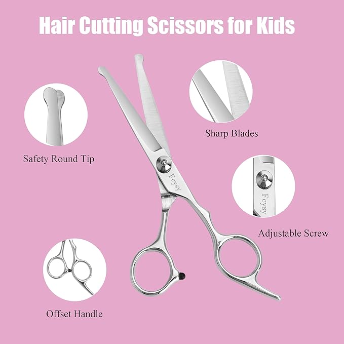 Hair Cutting Scissors Kit for Kids, Fcysy 6 in Children Safety Round Tip Haircut Trimming Scissors Thinning Shears Set, Barber Supplies for Toddlers, Boys & Girls Home Use Grooming Kit
