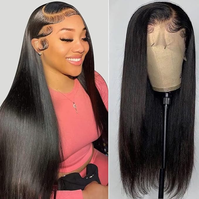 13x6 Lace Front Wigs Human Hair Pre Plucked with Baby Hair 180% Density Straight HD Transparent Lace Frontal Glueless Wigs for Black Women Human Hair Bleached Knots No Shedding Full And Thick 18 Inch