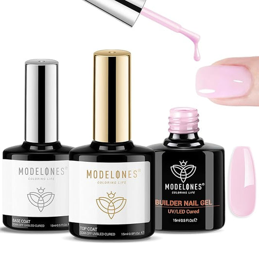 modelones Builder Nail Gel with Gel Base Top Coat, 3Pcs Baby Pink Builder Nail Kit for Apex Building Extension Thickening Strengthener High Gloss Shiny, U/V LED Lamp Cured for Home DIY Salon Girls