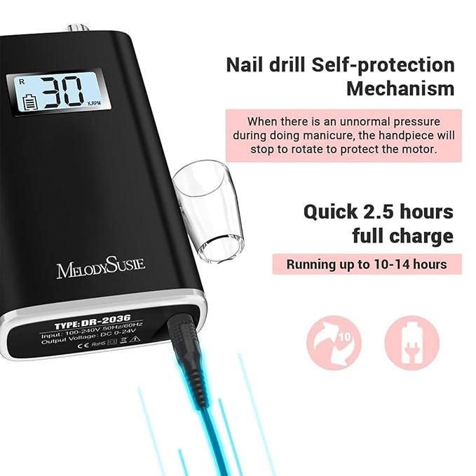 MelodySusie Entry-Level Clip-On Cordless Nail Drill, SC320H 30000RPM Popular Classic E-File with LCD Display for Manicure Shaping & Gel Removal, Perfect for Training, Nail Art Practice & Home Use