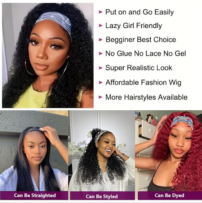 Deep Wave Headband Wig Human Hair 18Inch Glueless Non Lace Front Wig Machine Made Wigs 180% Density Brazilian Wet and Wavy Curly Hair Headband Half Wigs for Black Women Natural Black Color