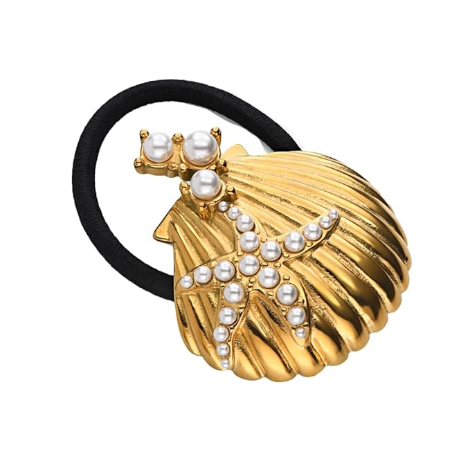 OAK & LUNA - Designer Pony Cuff - Hair Accessory for Her, Women - Dainty Gift for Birthday, Christmas (Shell, Stainless Steel with Gold Plating)