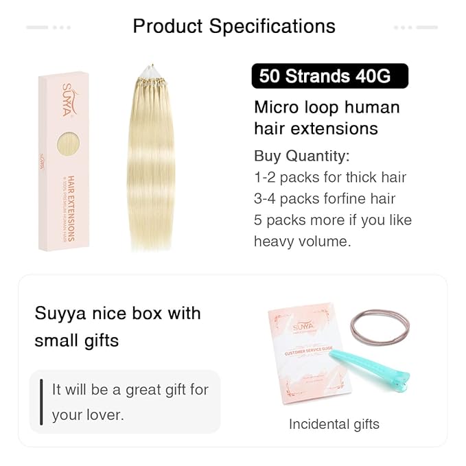 SUYYA Micro Links Hair Extensions Platinum Blonde Micro Loop Human Hair Extensions Straight Microlink Hair Extensions Human Hair 50 Strands 40g/Pack for Women(16 inch #60 Platinum Blonde)