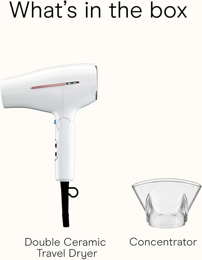 Conair Double Ceramic Travel Dryer with Concentrator & Folding Handle, 1875W Travel Blow Dryer with Smart Voltage Technology, Ionic Conditioning Fights Frizz, 3 Heat & 2 Speed Settings, White