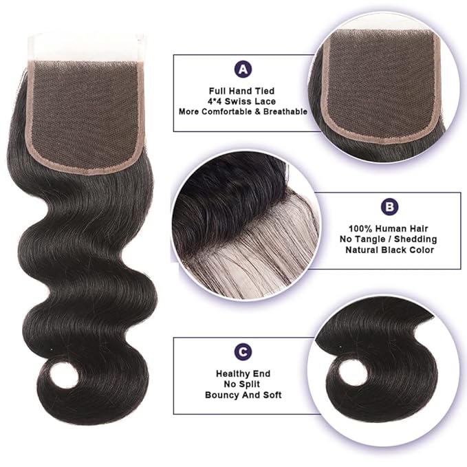 Karbalu Bundles with Closure Brazilian Body Wave 3 Bundles with Closure Virgin 100% Unprocessed Human Hair Extensions 4x4 Free Part Lace Closure Natural Color (18 20 22+16)