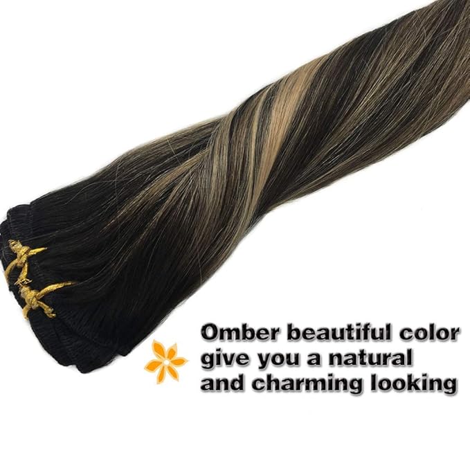 GOO GOO Clip in Hair Extensions Real Human Hair, Remy Human Hair Extensions Clip ins for Women, Natural Human Hair, 20inch 120g 7Pcs, 1B/16/1B Balayage Natural Black to Light Blonde