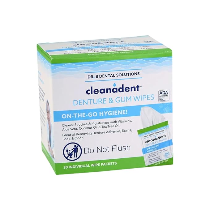 Dr. B Dental Solutions Cleanadent Wipes - Convenient Denture Cleaning Wipes, Refreshes Gums, No Artificial Colors/Flavors - 30 Count