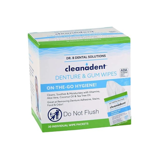 Dr. B Dental Solutions Cleanadent Wipes - Convenient Denture Cleaning Wipes, Refreshes Gums, No Artificial Colors/Flavors - 30 Count
