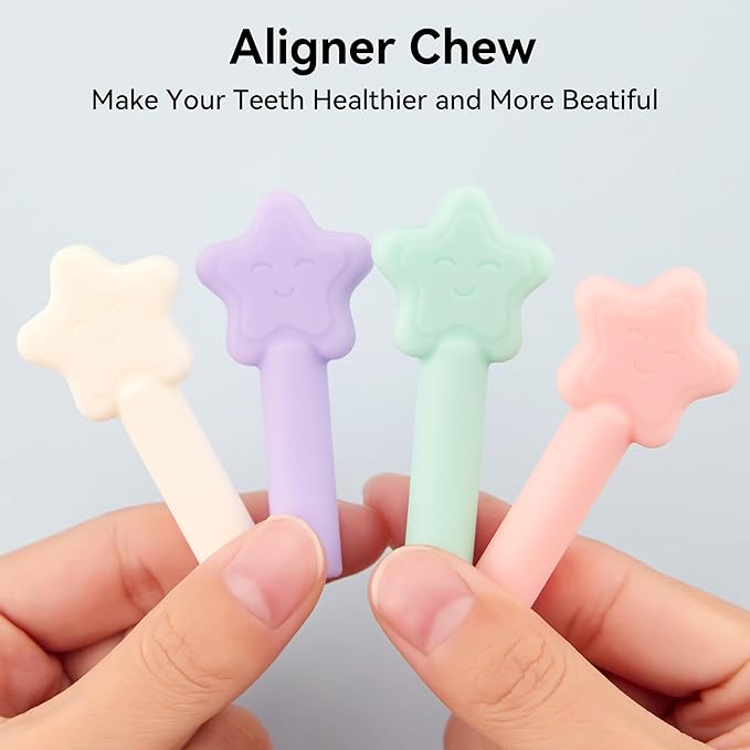 Aligner Chewies for Invisalign, 4-Pack Star Style Silicone Orthodontic Munchies Chompers For Invisalign Braces, Aligners, Retainers (Unflavored, Mint, Taro flavor, Strawberry)