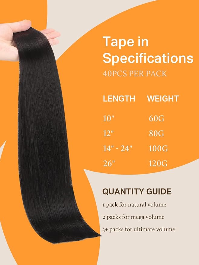 DOORES Tape in Extensions Human Hair, Natural Black 24 Inch 40pcs 100g, Human Hair Extensions Tape in Real Skin Weft Straight Natural Hair Extensions