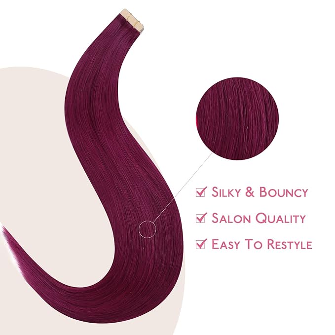 WENNALIFE Tape in Hair Extensions Human Hair Light Burgundy, 10pcs 25g 14 inch Remy Invisible Tape Ins Straight Colored Soft Refill Set