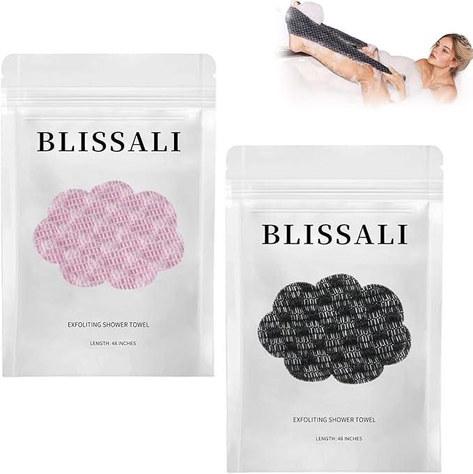 BLISSAL Exfoliating Shower Towel 47", Advanced Exfoliating Microfiber Towel, Premium Scrub Bathroom Towel Set for Smooth Skin, Quick Drying Durable and Gentle for Sensitive Skin (Black+Pink)