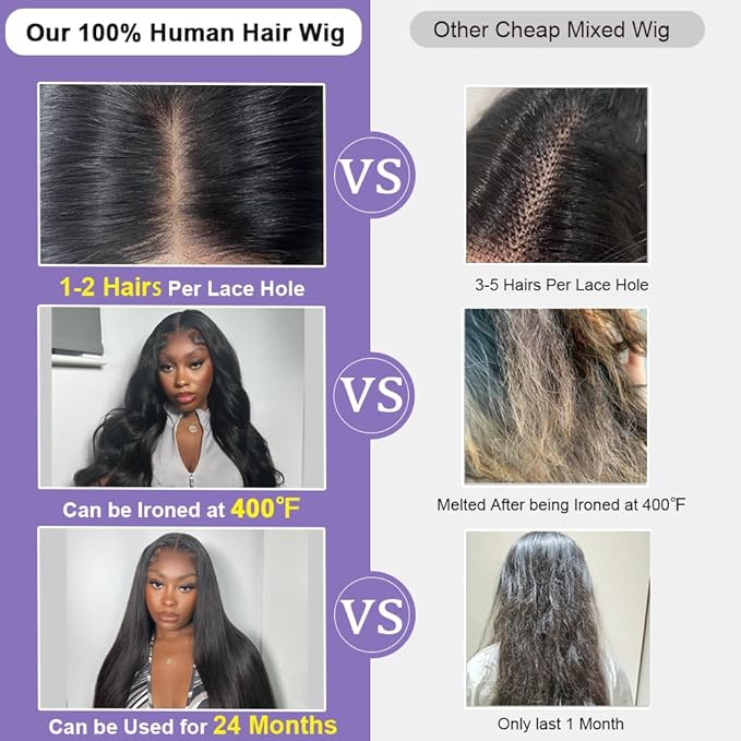 ALI PANDA [2-YEAR Life, 205g, 210% Density 6x4 Wear and Go Wig,100% Human Hair, Skinlike HD Glueless Closure Wigs Human Hair Pre Plucked Pre Cut, (0.1mm Ultra-Thin HD Lace), Middle Part 24 Inch