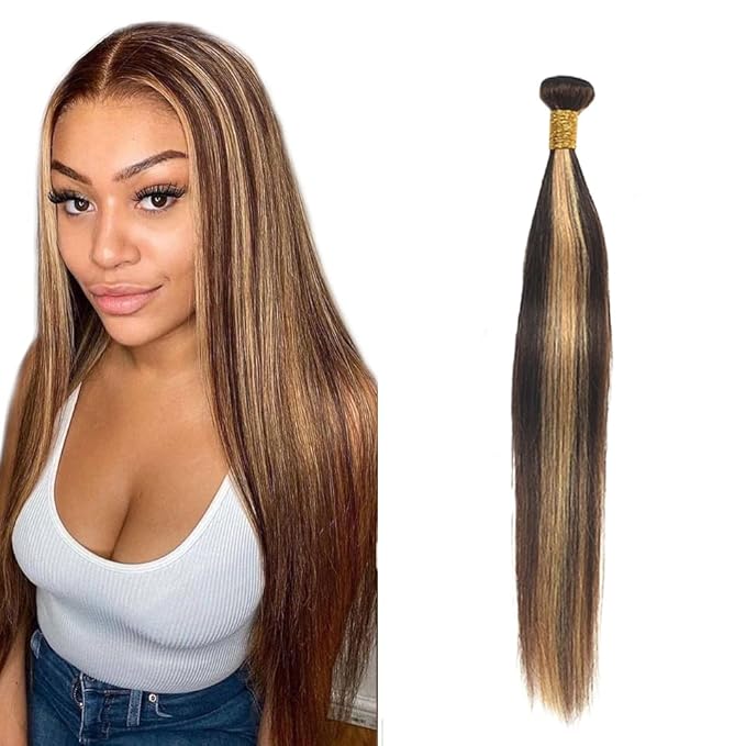 P4/27 Human Hair Bundle Highlight Straight Bundles 20 Inch Brazilian Unprocessed Virgin Hair 1 Bundle Two Tone Brown Mixed With Honey Blonde Bundles Human Hair Weave