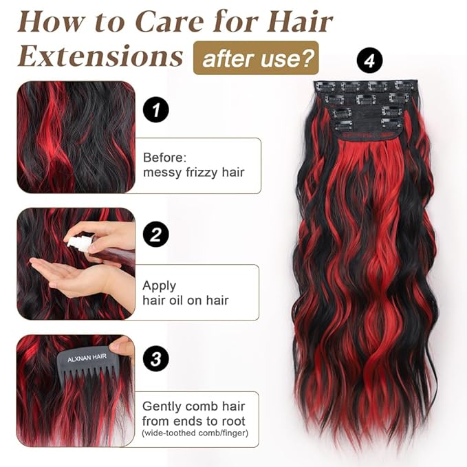 ALXNAN Clip in Long Wavy Hair Extension 20 Inch Black Red Highlights Hair Extensions 4PCS Thick Hairpieces Fiber Double Weft Hair for Women
