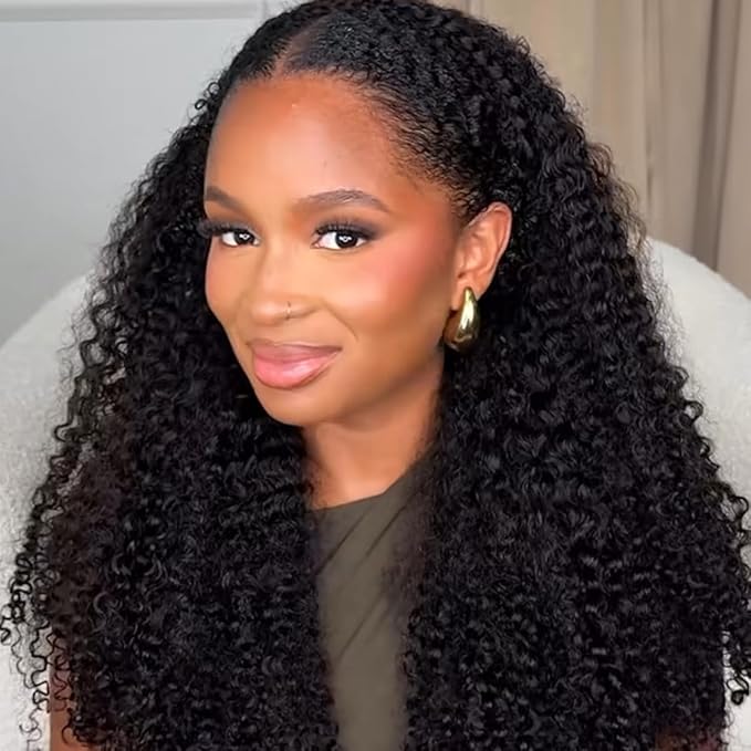 Half Wig Human Hair Deep Wave Glueless Curly Half Wig Invisible Hairline 200 Density Seamless Flip Over Design for Beginners with Wear Go Headband Wigs for Women 22 Inch