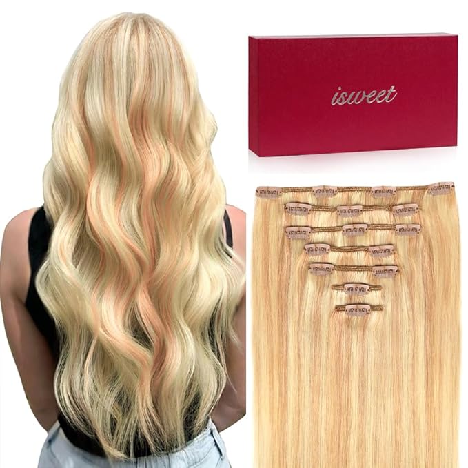 7Pcs Clip in Hair Extensions Real Human Hair, 16 Inch 100g P18/613 Ash Blonde Highlights Bleach Blonde Soft Real Human Hair Extensions Clip ins, Double Weft Hair Extensions Real Human Hair for Women