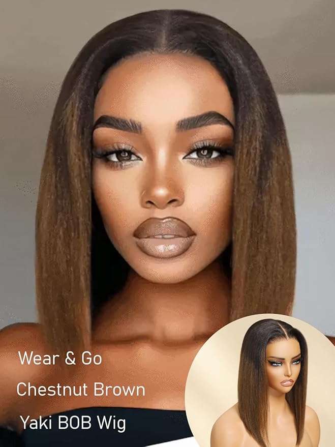 Julia Hair 10 Inch Light Yaki Bob Wigs Human Hair Glueless Bye Bye Knots 7x5 HD Pre Cut Lace Wig Chestnut Brown Ombre Human Hair Lace Closure Pre Plucked Bleached Invisible Knots Natural Hairline