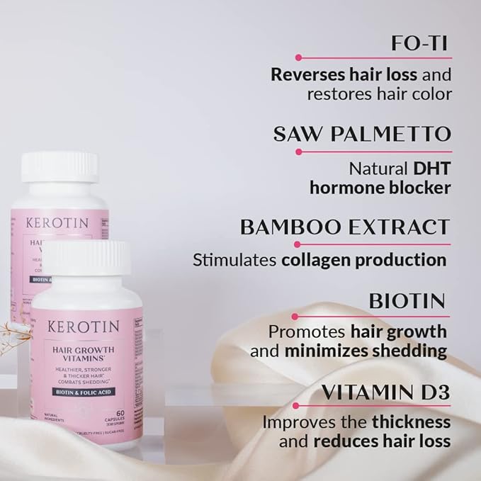 Kerotin Hair Growth Supplement for Longer, Stronger Hair - Enriched with Biotin, Folic Acid, Saw Palmetto to Promote Thick, Healthy Hair Growth (3 Months)