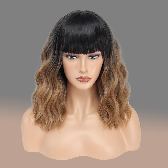 WAVE&BREEZE Bob Wig with Bangs Short Wavy Wigs for Women Medium Length Black To Brown Daily Hair Natural Looking Heat Resistant Synthetic Fibre Cosplay Party Halloween Costume Wig