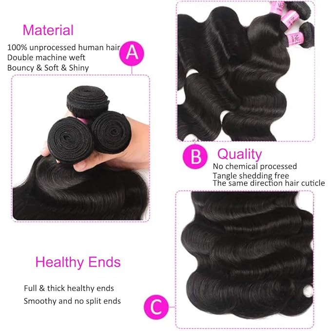 UNice Hair Brazilian Body Wave 3 bundles, 100% Unprocessed Virgin Human Hair Extensions (10 12 14)