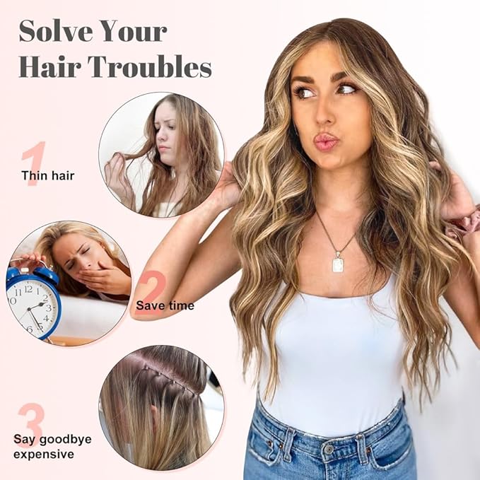 ALXNAN Clip in Long Wavy Hair Extension 24 Inch Chocolate Brown to Honey Blonde Hair Extensions 4PCS Thick Hairpieces Fiber Double Weft Hair for Women