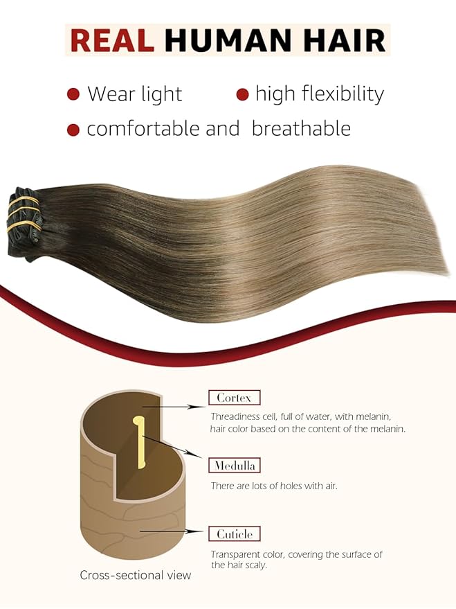Clip-in Hair Extensions Real Human Hair 6pcs 120g 20 Inch Balayage Dark Brown to Dirty Blonde Double Drawn Clip-in Hair Extensions (#2/6/18, 20")