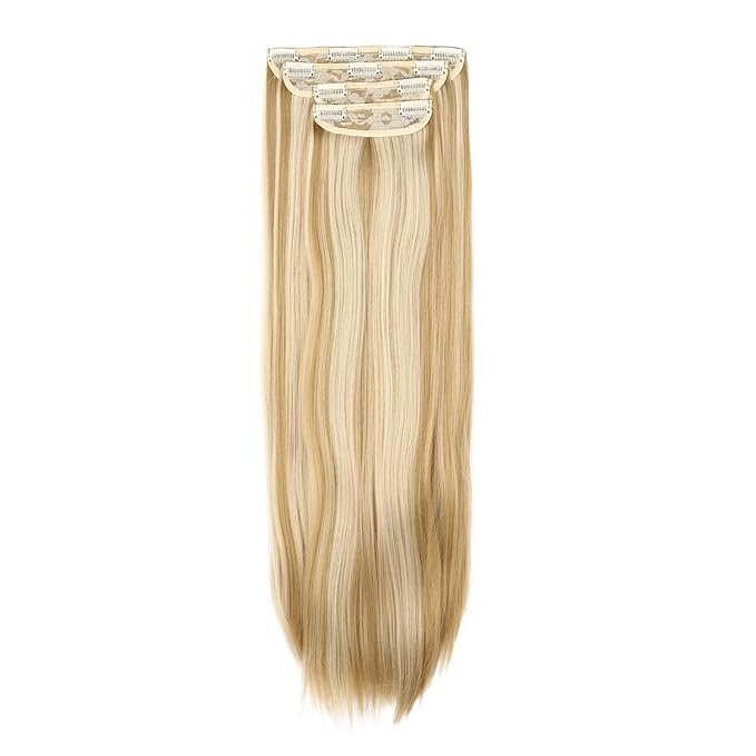 REECHO 24" Straight Long 4 PCS Set Thick Clip in on Hair Extensions Medium Blonde with Light Blonde Highlights