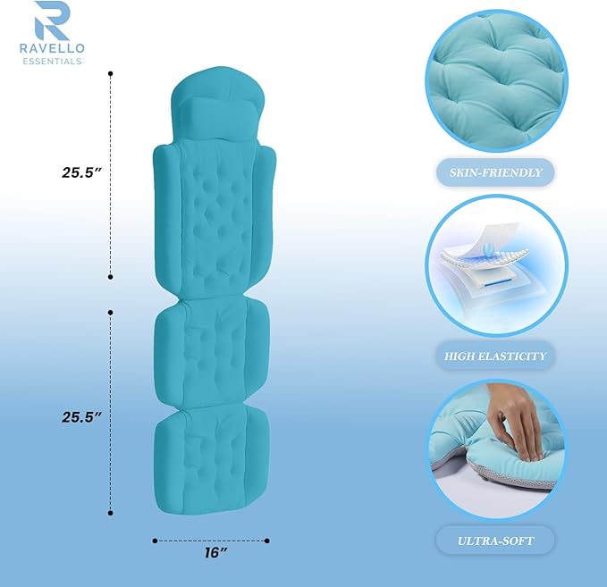 Bath Pillow for Tub | 4D Air Mesh Fabric - Plush Bathtub Pillow for Neck & Back Support, Hot Tub Pillow with 6 Non-Slip Suction Cups | Spa Pillow for Relaxation and Comfort (White). (Full Body Blue)