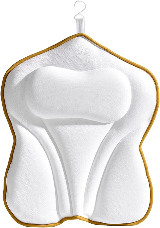 Bath Pillow for Tub - PYRRHIC Luxury Bathtub Pillow 5D Mesh with Neck & Back Support Non-Slip Suction Cups Fast Drying Soft Spa Pillow Relaxing Bath Accessories with Hook Laundry Bag White