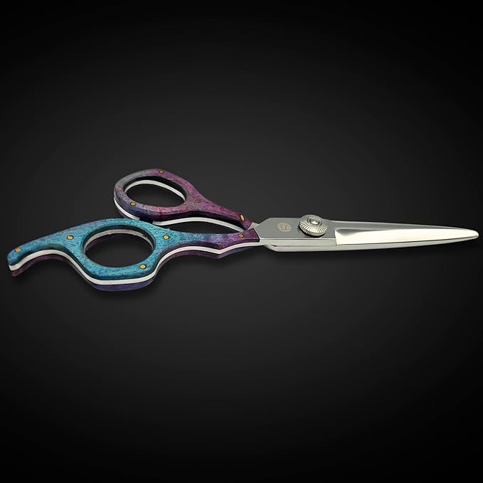 Saki Shears 6" Professional Hair Shears With Wood Accent - Sword Style, Convex Blade, Tension Adjustment, 440C Steel (Blue)