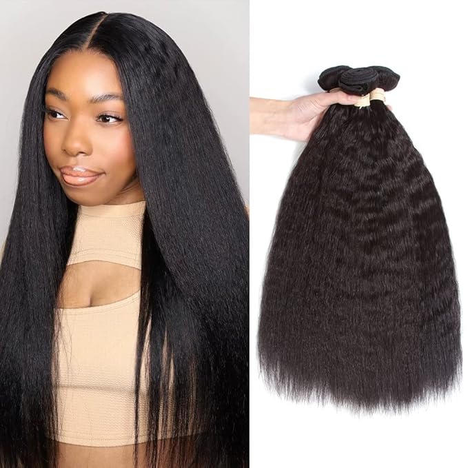 Kerriana Kinky Straight Bundles Human Hair, 24 26 28 Inch Long Hair Weave Human Hair Bundles 100% 3pcs Raw Bundles Kinky Straight