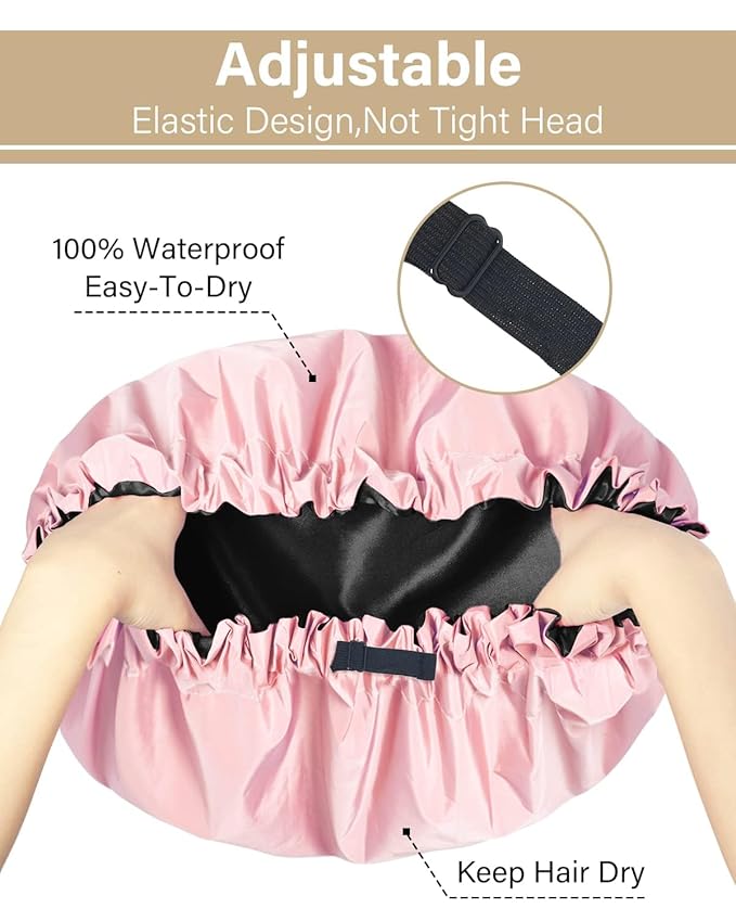 Aquior Shower Cap,Extra Adjustable Shower Caps for Women Double-Layer Waterproof Reusable Hair Cap, Large Size Hair Cap for All Hair,for Girls Spa Bath,Soft and Comfortable (Pink)