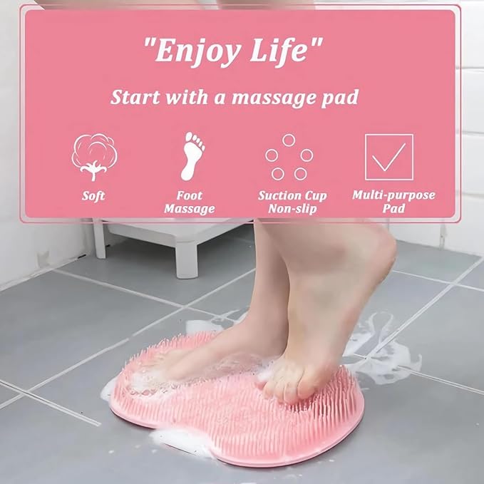 Shower Foot & Back Scrubber, Massage Pad with Suction Cups & Pumice Stone, Multi-Surface Silicone Bath Mat for Exfoliating and Massaging in Shower or Bathtub, 9.8x11.8 Inch (Pink)