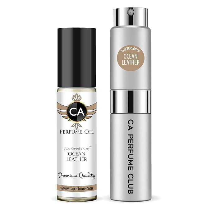 CA Perfume Duo Impression of Ocean Leather For Women And Men Perfume Layering Set Long Lasting Travel Size EDP + Body Oil Roll-On Bottle 0.27 Fl Oz+0.33 Fl Oz