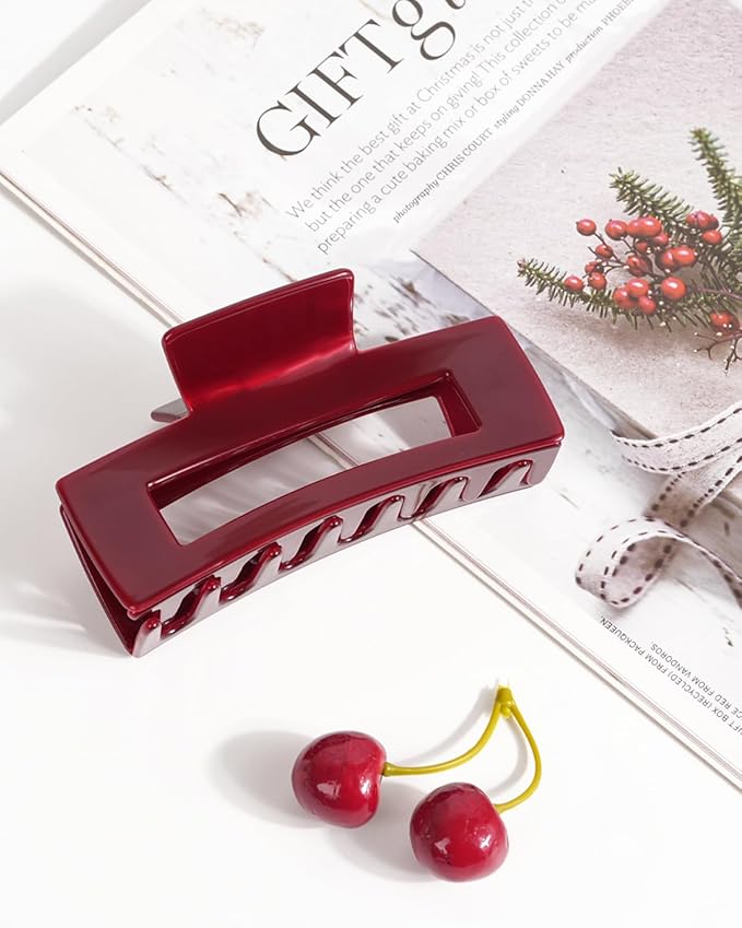 MAORULU Acetate Claw Clip for Women – 4'' Large Cute Hair Clips for Thick Thin Curly Long Hair, Durable Square Hair Clamps Non-slip Jaw Clip, Cherry Red